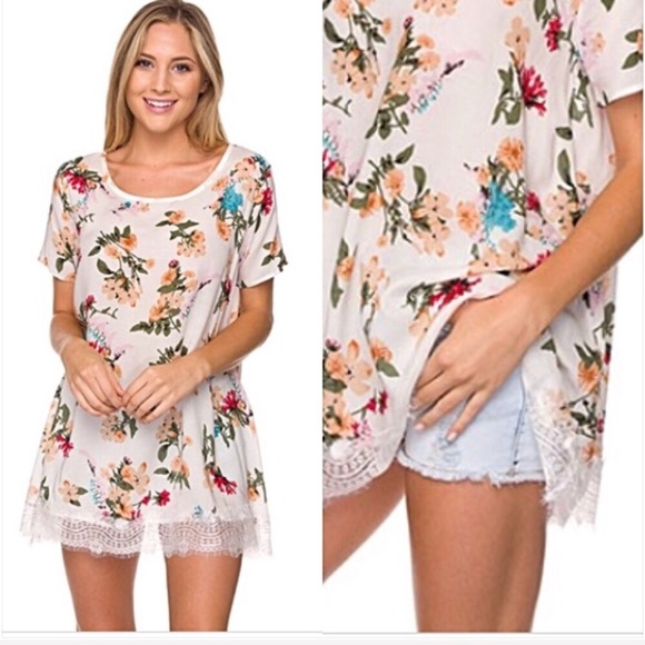 📍SALE Boho Relaxed Flowy Lace Hem Tunic Top SML - Picture 2 of 5